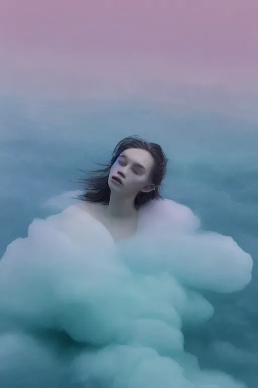 Image similar to high quality pastel coloured film close up wide angle photograph of a model wearing clothing swimming on cloud furniture in a icelandic black rock!! environment in a partially haze filled dreamstate world. three point light, rainbow. photographic production. art directed. pastel colours. volumetric clouds. pastel gradient overlay. waves glitch artefacts. extreme facial clarity. 8 k. filmic.