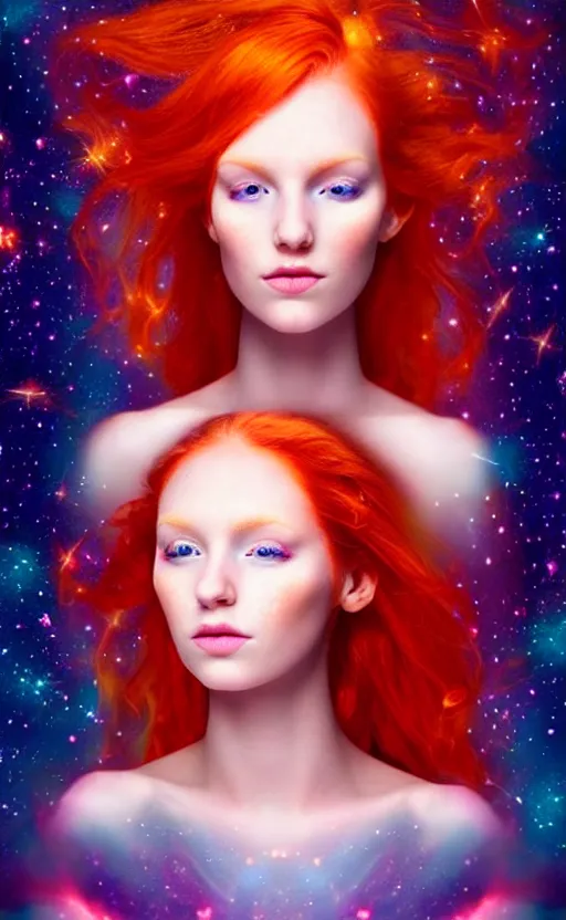 Image similar to space astral portrait of a beautiful girl, red hair, ginger hair, fantasy, glowing skin, smooth face, perfect eyes, half body shot, tarot card