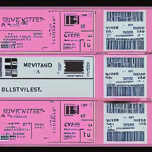 Image similar to a polaroid photo of tickets printed “ to the metaverse ” text, vector graphic design of pale pink airline tickets that read “ to the metaverse ” in bold text, alien ar code and e - ink display, highly detailed, no noise, coherent text english characters