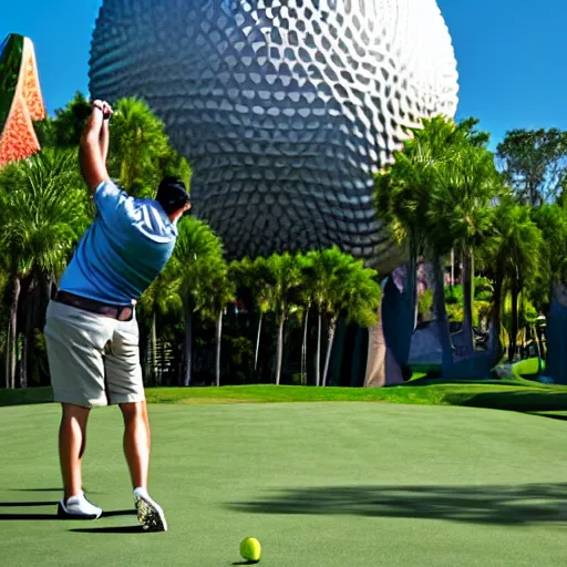 Prompt: a giant playing teeing up a shot in golf using the spaceship earth attraction at epcot in real life, highly detailed, extremely high resolution, ultra realistic