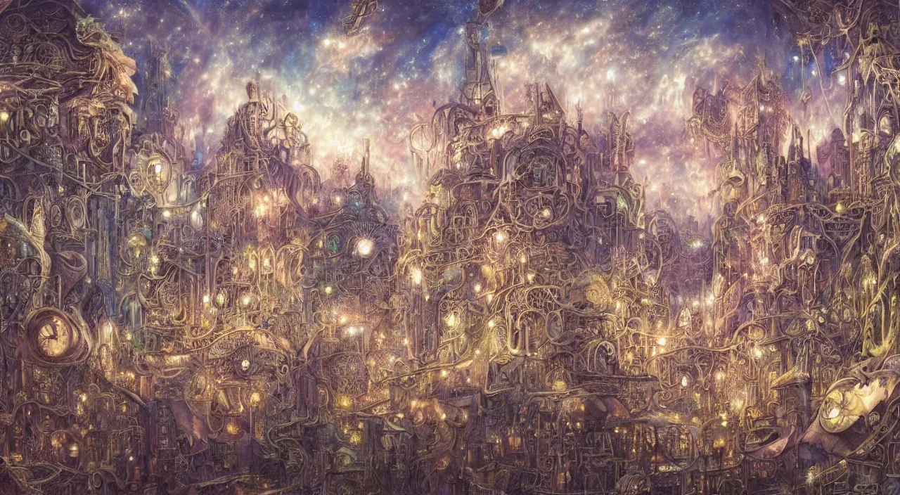 Prompt: pastel colours, don bluth, richard dadd, smooth paper with detailed line work, Mandelbulb, Exquisite detail perfect symmetrical, silver details, hyper detailed, intricate ink illustration, steampunk, smoke, neon lights, starry sky, steampunk city, liquid polished metal, by jesper ejsing