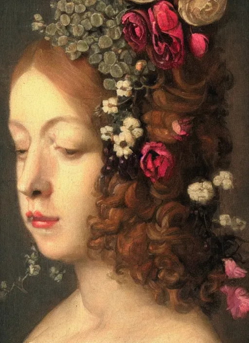 Image similar to a woman's face in profile, with long hair made of still life flowers and fruit, in the style of the dutch masters, dark and moody