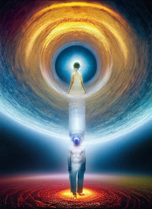 Prompt: the expansion of self realization, portrait, while tipping hallucinogenic dmt, space and time bending into a vortex of subjective reality, event horizon from within, ron walotsky, michal karcz