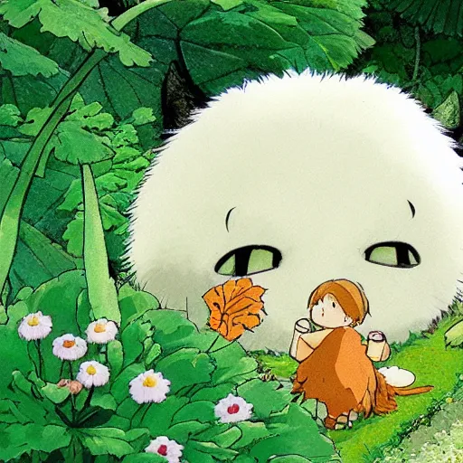 Prompt: fluffy creature in the cabbage garden by studio ghibli