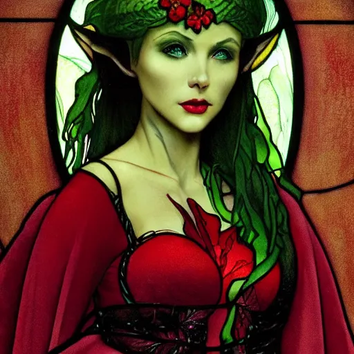 Prompt: a stunning stained glass window of a beautiful poison ivy as an evil elf queen with hair tied in a braid and wearing a seductive red and green dress, dark eyeliner, intricate, elegant, highly detailed, digital painting, artstation, concept art, sharp focus, illustration, art by greg rutkowski and alphonse mucha