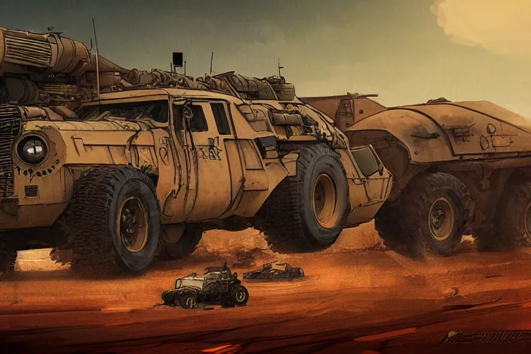 Prompt: dieselpunk digital illustration of mad max's military offroad bmw m 1 ( himars ) by makoto shinkai, ilya kuvshinov, lois van baarle, rossdraws, basquiat