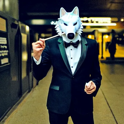 Prompt: a man in a tux wearing a white wolf mask playing the violin at a dirty metro station, unnerving, creepy, terrifying, dark, at night