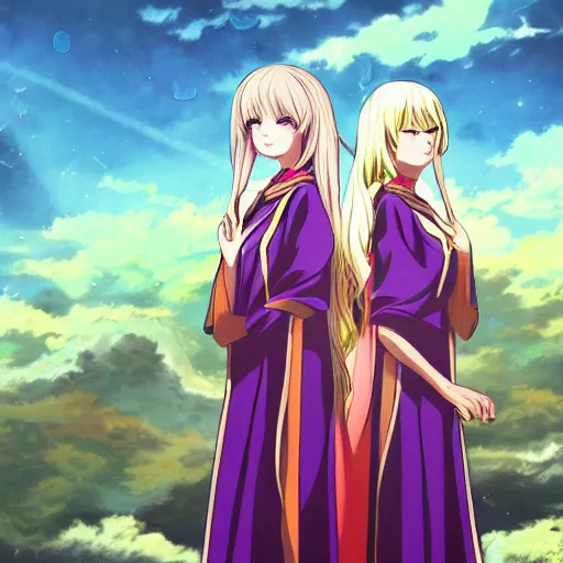 Prompt: two identical beautiful female wizards standing face to face, gorgeous anime art
