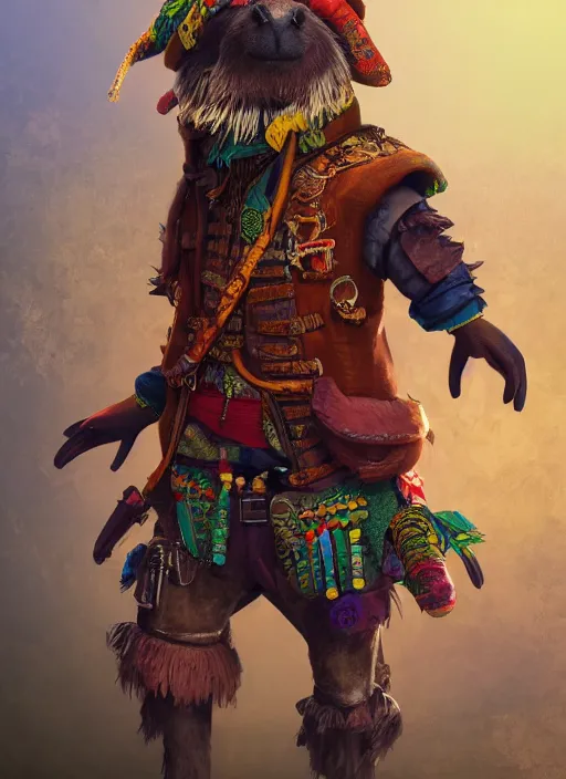 Prompt: detailed full body concept art illustration colorful oil painting of an anthropomorphic capybara pirate in full intricate colorful clothing, ultra detailed, digital art, octane render, 4K, dystopian, biomutant, micro details, hyperrealistic