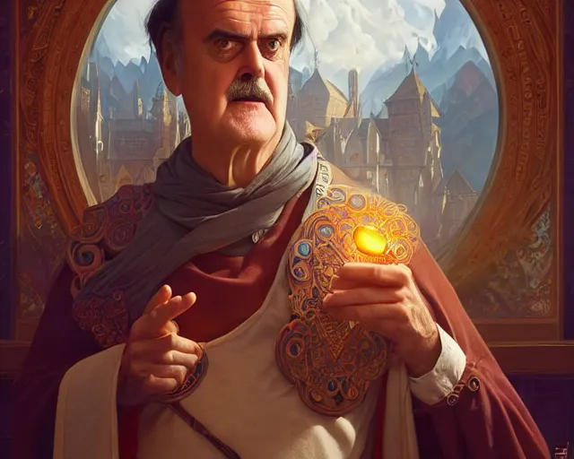 Prompt: john cleese looking totally surprised, photography of kurzgesagt, deep focus, d & d, fantasy, intricate, elegant, highly detailed, digital painting, artstation, concept art, matte, sharp focus, illustration, hearthstone, art by artgerm and greg rutkowski and alphonse mucha