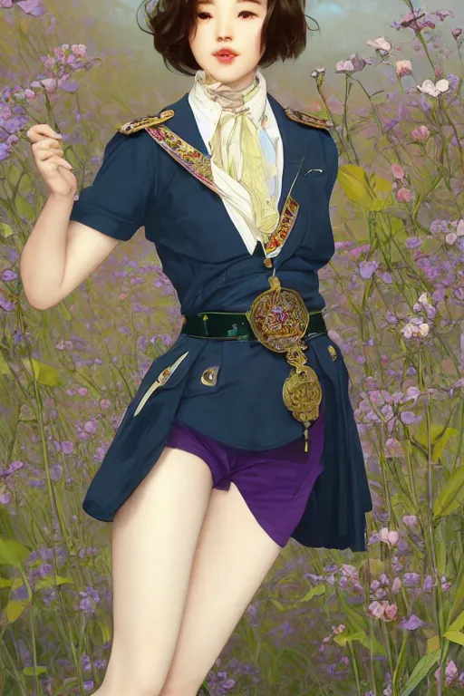 Image similar to Full View of Eunha from Viviz and gFriend with short hair wearing a purple military uniform and puffy silk shorts, white leggings, Golden Ribbon, and a billowy scarf. masterpiece 4k digital illustration by Ruan Jia and Mandy Jurgens and Artgerm and WLOP, award winning, Artstation, art nouveau aesthetic, Alphonse Mucha background, intricate details, realistic, panoramic view, Hyperdetailed, 8k resolution, intricate art nouveau