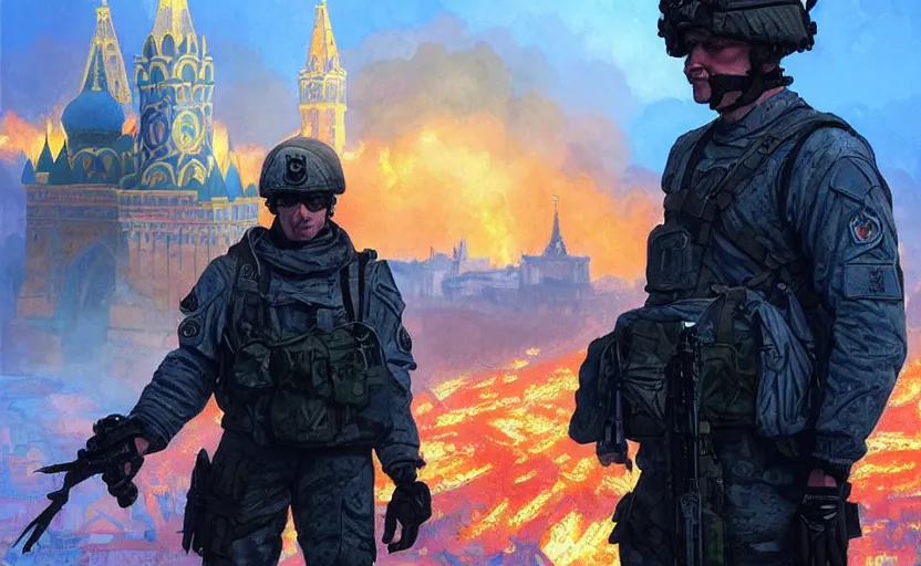 Image similar to special forces soldier with ukrainian blue and yellow shoulder patch watches red square kremlin burn in the background, d & d, fantasy, bright atmosphere, volumetric lights, intricate, elegant, extremely detailed, digital painting, artstation, concept art, matte, smooth, sharp focus, hyper realistic, illustration, art by artgerm and greg rutkowski and alphonse mucha