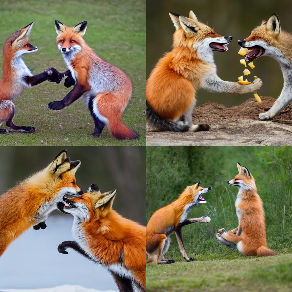 Prompt: Fox and marten arguing over Food