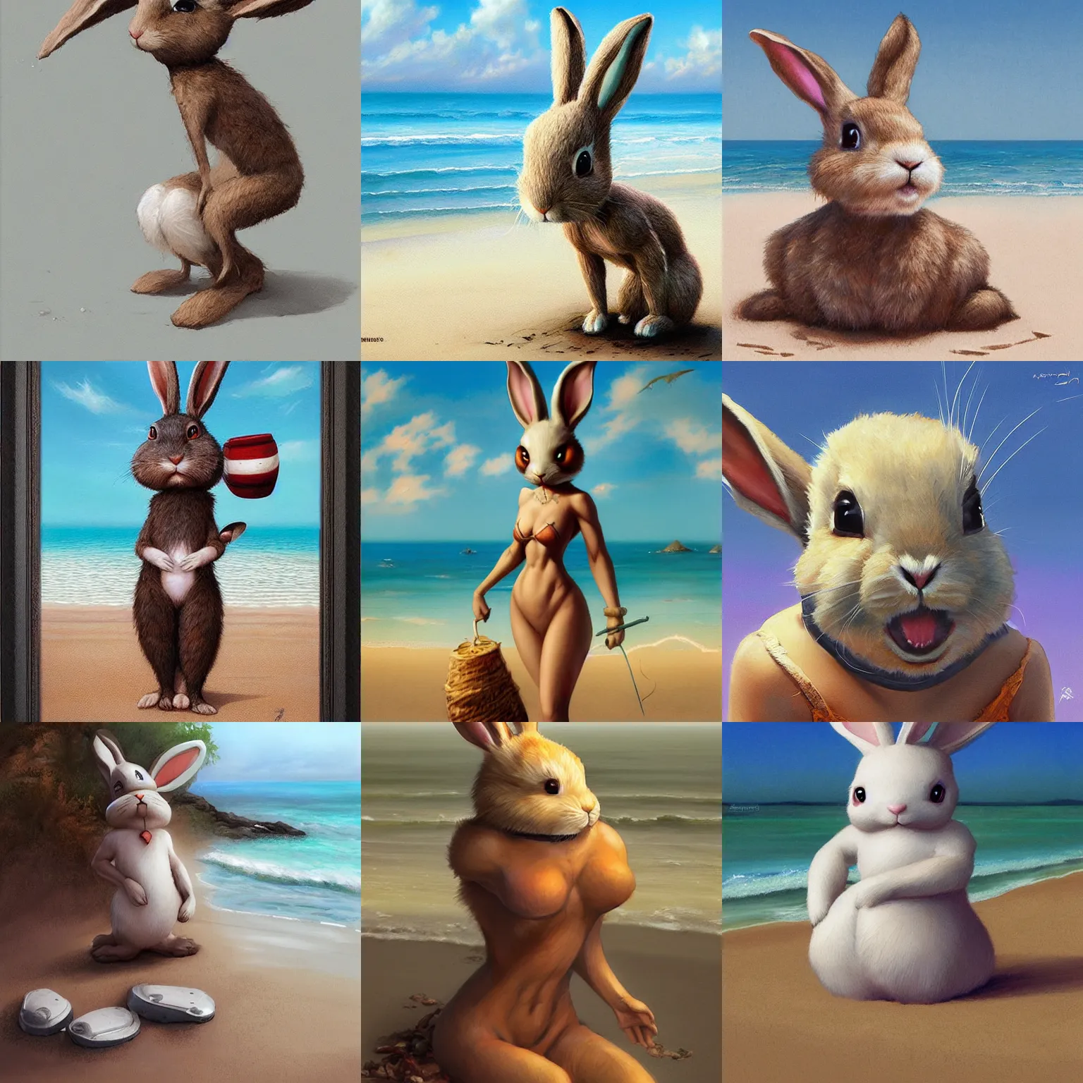 Prompt: a anthropomorphic rabbit at the beach by Artgerm and Greg Staples and Greg Rutkowski