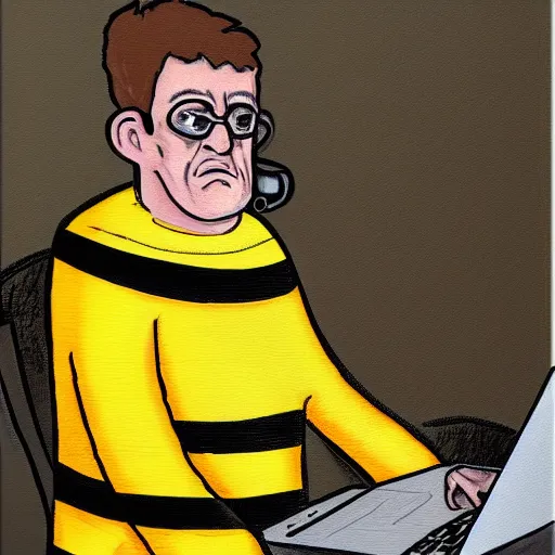 Image similar to tired man in a bumblebee costume drinks coffee in front of a laptop, highly detailed, masterpiece, cartoon, oil on canvas