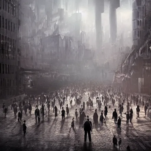 Image similar to hordes of drone-like people aimlessly walking around a depressing dystopian cityscape , trending on artststion, hyper realistic, surreal, melancholic, 8k, upscaled