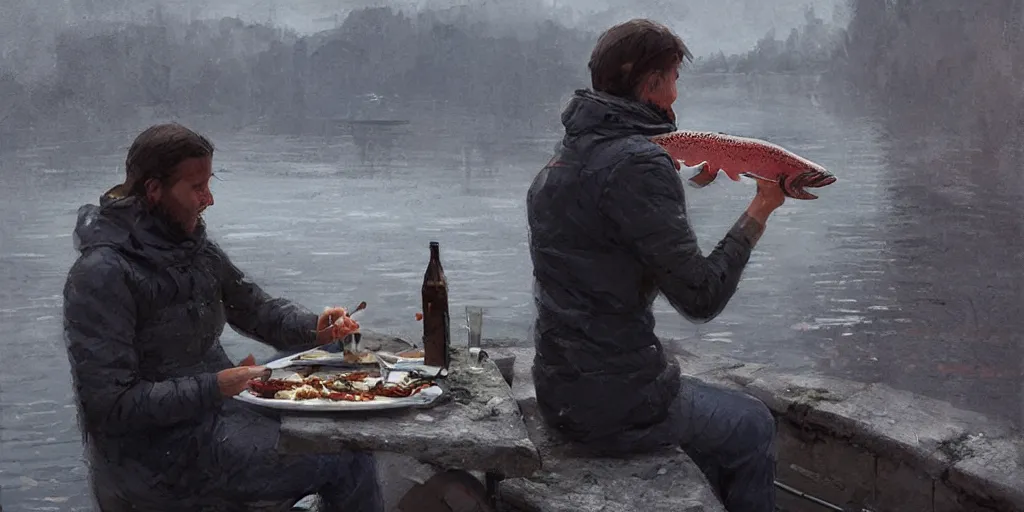 Image similar to journalist in oslo eating a trout, art by greg rutkowski