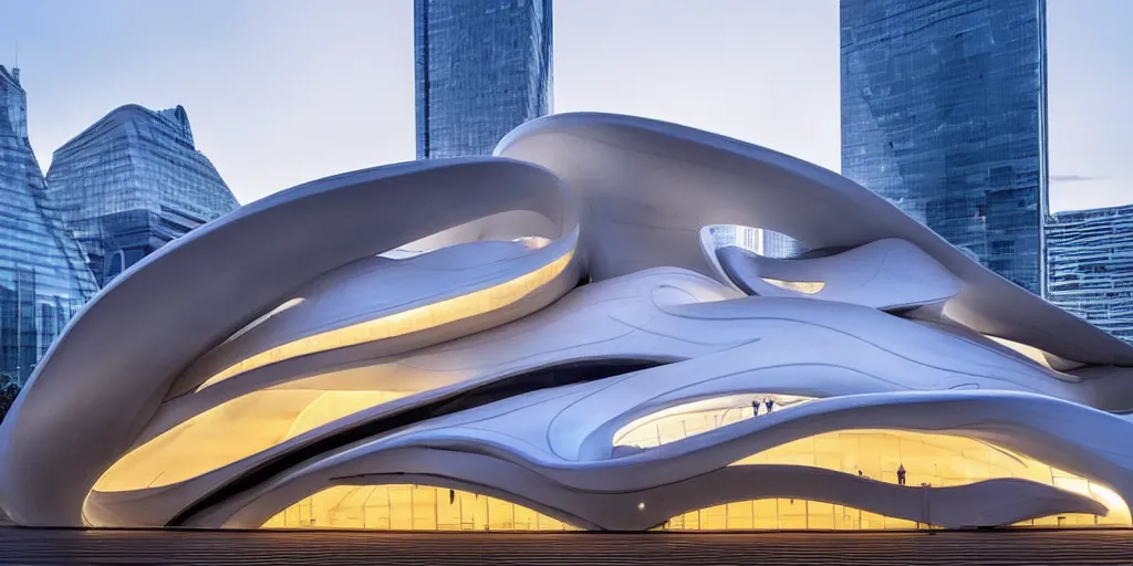 Image similar to extremely elegant smooth detailed stunning sophisticated beautiful elegant futuristic museum exterior by Zaha Hadid, Milan buildings in the background, smooth curvilinear design, stunning volumetric light, stainless steal, concrete, translucent material, beautiful sunset, tail lights