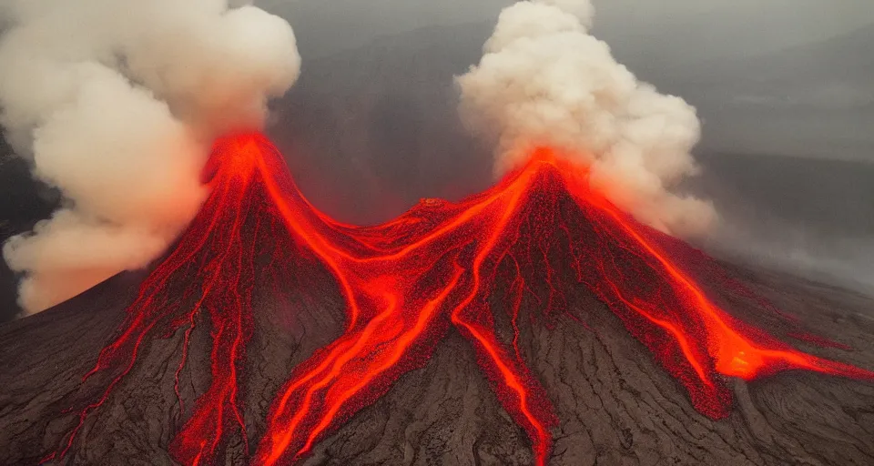 Image similar to a volcano made of ivory vines and crimson rocks enters in eruption, it spits a smoke in the shape of demonic eye, by Dan Witz