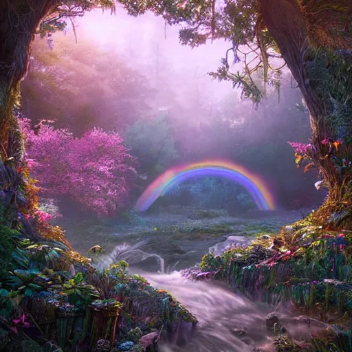 Prompt: the beautiful, grand, wistful, dreamy, aesthetic landscape of a hidden forest, hyperrealistic photograph by kim jung gi, vaporwave rainbow colored, extremely detailed, intricate linework, sharp focus, bright colors, octopath traveler, unreal engine 5 highly rendered, global illumination, radiant light, detailed and intricate environment