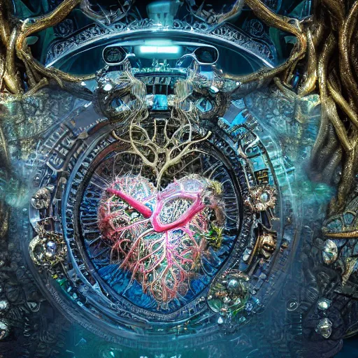 Prompt: biocomputer heart in intricate jewels and intricate branches, on an epic oroboros, behind a large and detailed sculpted astrolabe, inside a cave with biomechanical flowers, dramatic atmosphere, Diffused lighting, highly detailed digital art, trending on artstation, depth of field