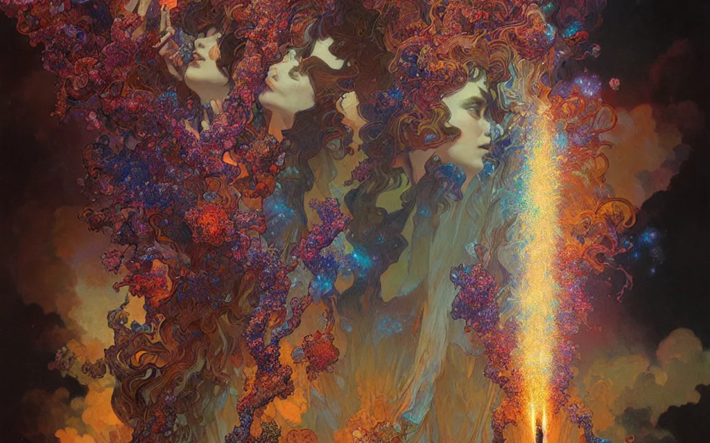 Prompt: psychedelic transcendent puffs of smoke explosion, fireworks, pillars of creation, enlightenment, high contrast lighting, highly detailed, concept art, art by collier, albert aublet, krenz cushart, artem demura, alphonse mucha