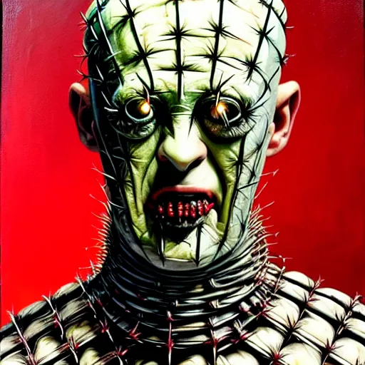 Prompt: portrait of pinhead from hellraiser. demonic cenobite. barbed wire face, blood. oil painting by lucian freud. path traced, highly detailed, high quality, j. c. leyendecker, drew struzan tomasz alen kopera, peter mohrbacher, donato giancola