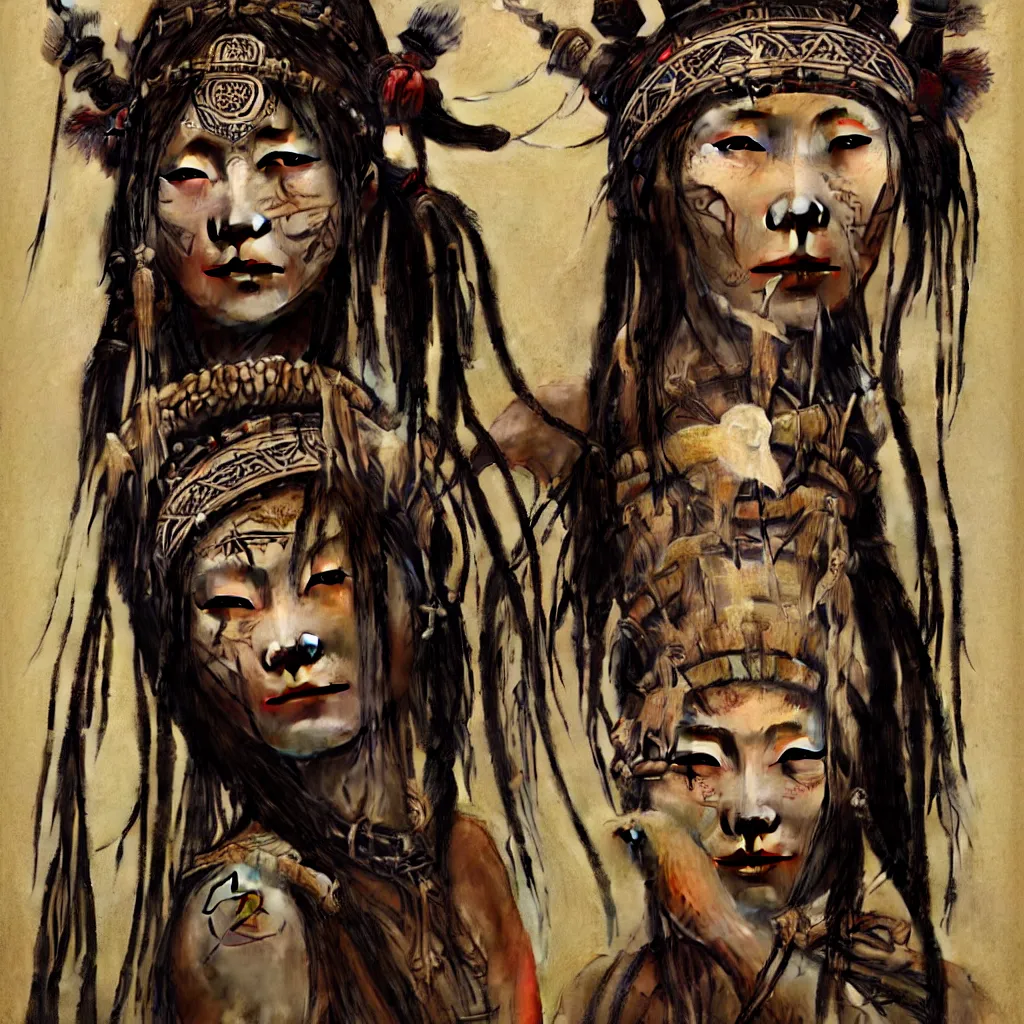 Image similar to A young blindfolded shaman japanese woman with a decorated headband performing a pagan ritual, in the style of heilung, blue hair dreadlocks and wood on her head, tribal piercing and tatoos , atmospheric lighting, intricate detail, cgsociety, ambient light, dynamic lighting, art by karol bak