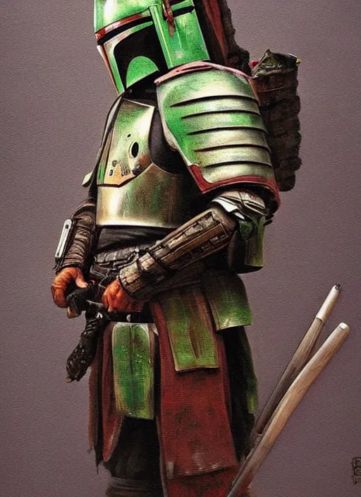 Image similar to a japanese samurai but his armor is inspired by boba fett's, very detailed oil painting, dark and realistic, japanese art art