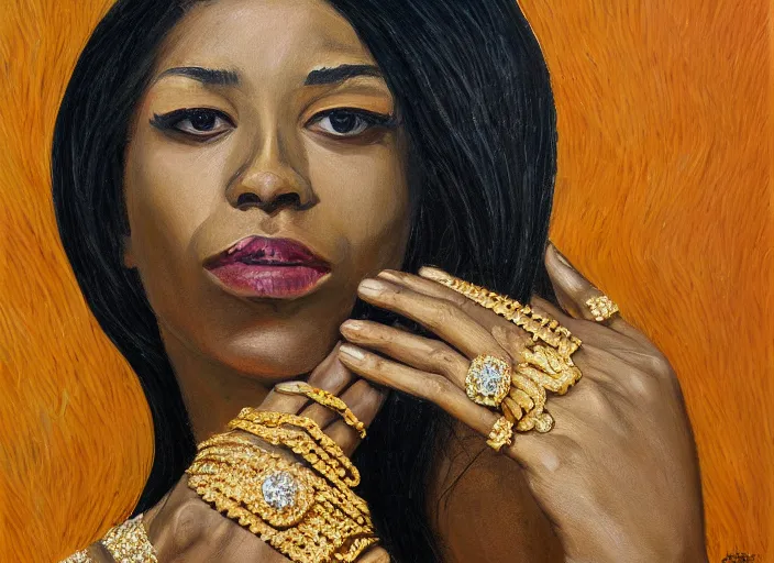 Image similar to painting of a female wearing hundreds of gold and platinum rings, by alex petruk