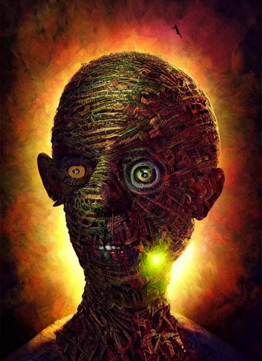 Prompt: halloween mummy theme surrealist art in the styles of igor morski, jim warren, and a tim burton film, intricate, hyperrealistic, accurate facial details, profile picture with chromakey!!!!! background, volumetric lighting