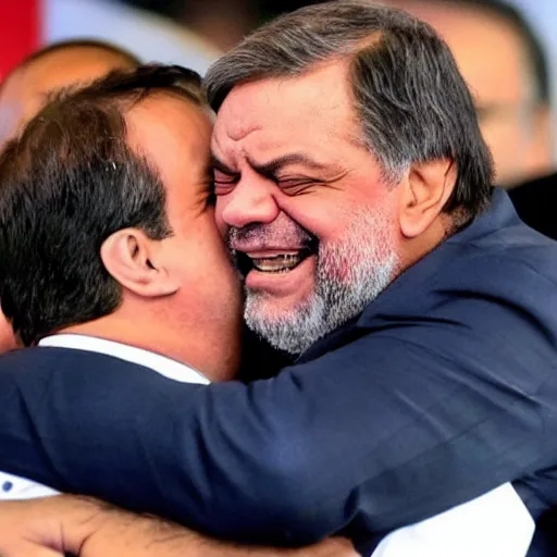 Image similar to Jair Bolsonaro hugging Luis Inacio Lula da Silva.