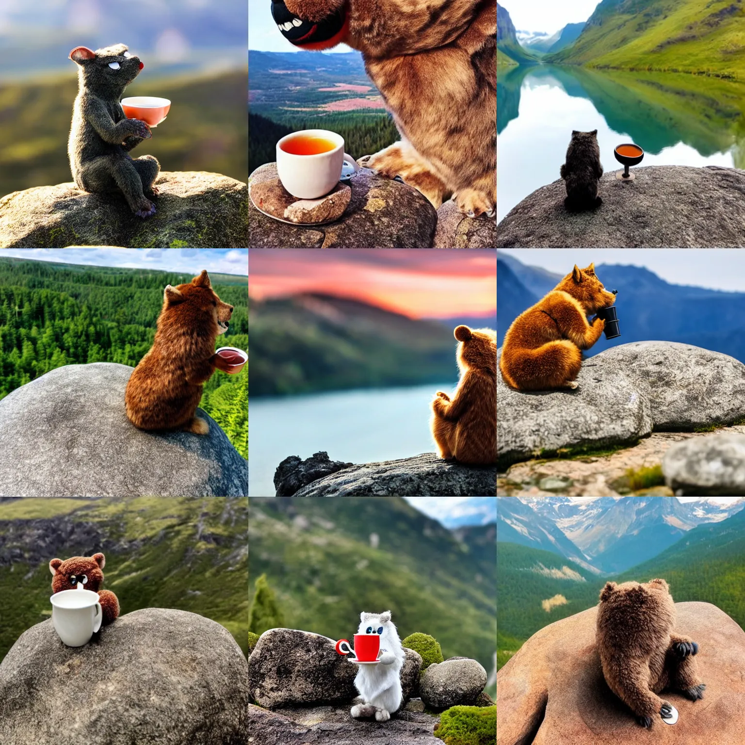 Prompt: A cute furry monster drinking tea on a rock looking out over a beautiful landscape