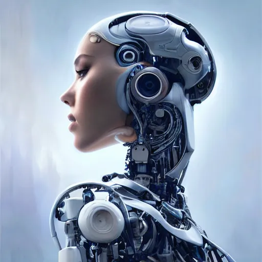 Image similar to oil paining of robotic humanoid ( white jessica alba ), intricate mechanisms, highly detailed, professional digital painting, unreal engine 5, photorealism, hd quality, 8 k resolution, cinema 4 d, 3 d, cinematic, professional photography, art by artgerm and greg rutkowski and alphonse mucha and loish and wlop