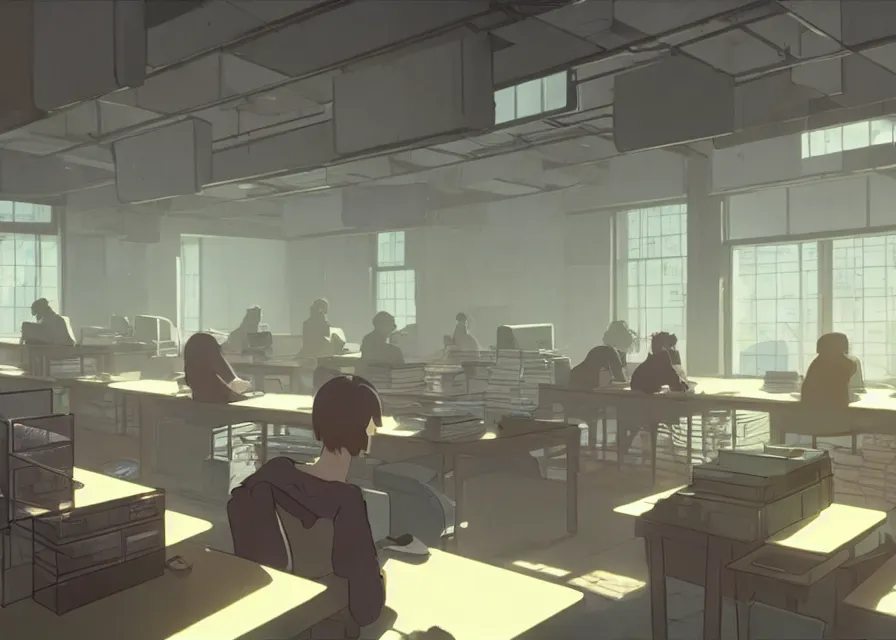 Prompt: an interior room with old pc computers stacked on the walls and people sitting at desks, makoto shinkai, dusty