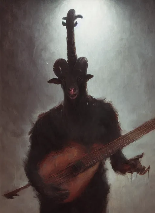 Prompt: a possessed anthropomorphic goat demon playing the guitar, expressive oil painting, humanoid, digital art, beautiful lighting, sunlit, by greg rutkowski, by jeremy lipking, mininamlist painting