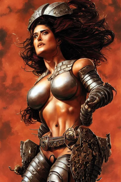 Image similar to muscular beautiful salma hayek wearing armor tombow artwork greg staples , dug stanat, norman rockwell , christophe young eytan zana , rumiko takahashi ,HD 4k