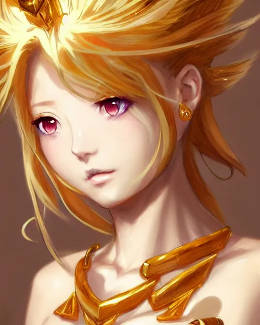 Prompt: character concept art of an anime goddess of gold and precious gems | | cute - fine - face, gossamer clothing, pretty face, realistic shaded perfect face, fine details by stanley artgerm lau, wlop, rossdraws, james jean, andrei riabovitchev, marc simonetti, and sakimichan, tranding on artstation