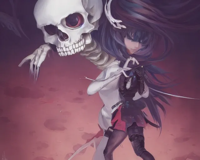 Prompt: anime girl fighting a skeleton elegant, sharp focus, illustration, highly detailed, concept art, matte, trending on artstation, anime, art by james jean and artgerm and brian despain and alberto mielgo, greg rutkowski, wlop, ilya kuvshinov, strong strokes