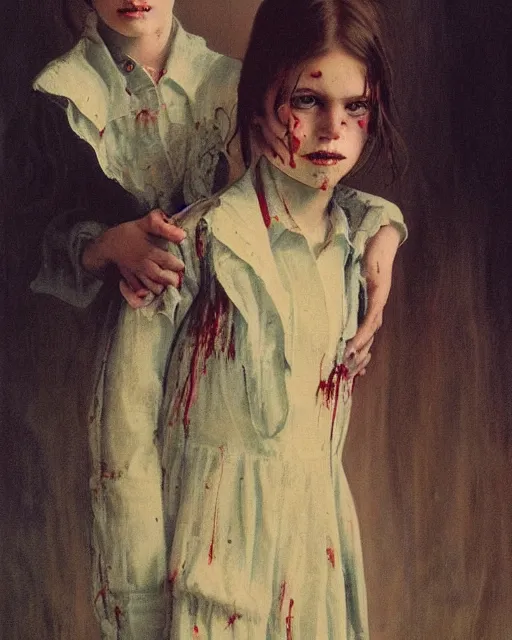 Image similar to two beautiful but creepy siblings wearing oxford shirts in layers of fear, with haunted eyes, 1 9 7 0 s, seventies, wallpaper, a little blood, morning light showing injuries, delicate embellishments, painterly, offset printing technique, by brom, robert henri, walter popp