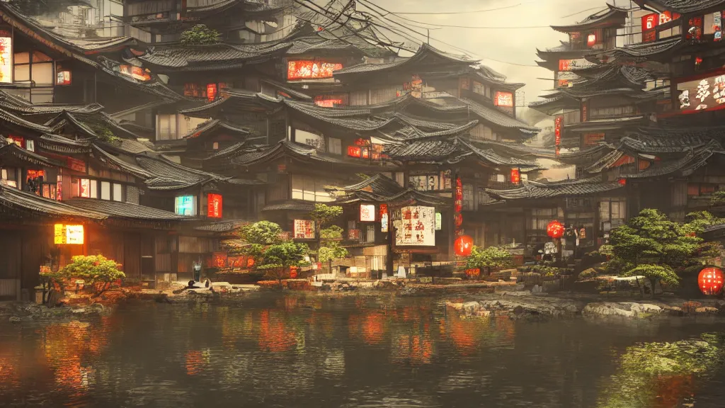 Prompt: immersed in oriental, japanese village with cyberpunk style,, octane render, fantasy, landscape, hyperrealistic, highly detailed, 4 k hd