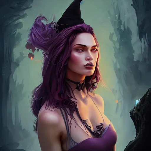 Prompt: an insanely detailed portrait of a beautiful witch that looks like megan fox with long dark purple hair in the style of peter mohrbacher, artgerm, dramatic lighting and composition, octane render, trending on artstation, concept art 8 k
