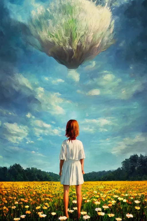 Image similar to giant white daisy flower head, girl standing in a flower field, surreal photography, sunrise, dramatic light, impressionist painting, colorful clouds, digital painting, artstation, simon stalenhag