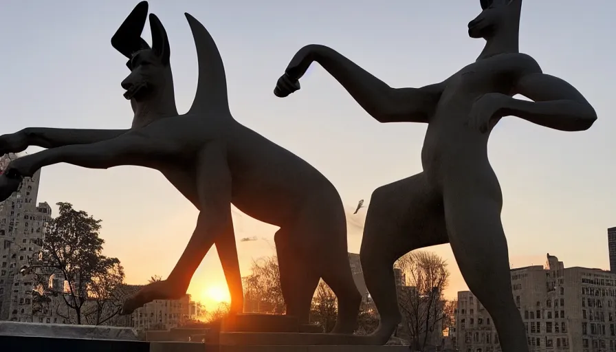 Image similar to anubis statue placed in new york, sunset, drone footage, sharp focus, professional photo