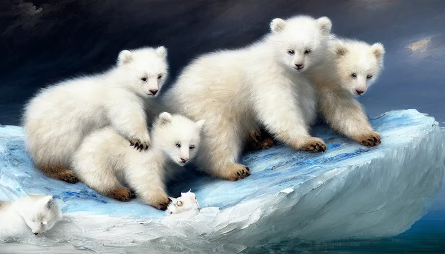 Image similar to highly detailed painting of cute furry white baby bear cats cuddling into each other on a blue and white iceberg by william turner, by greg rutkowski, by william constable, thick brush strokes and visible paint layers, 4 k resolution