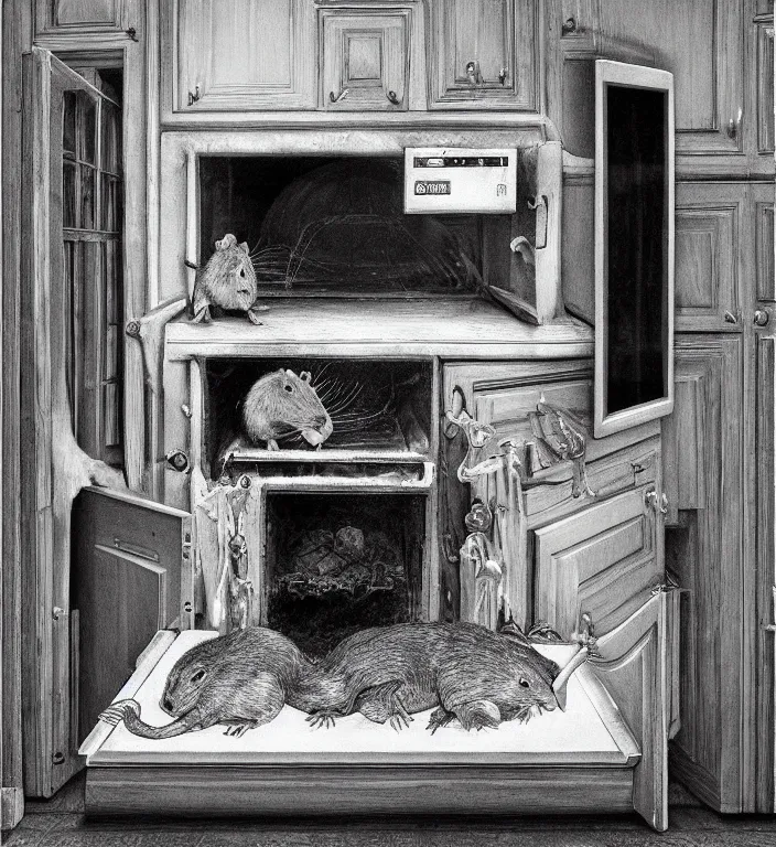 Image similar to black and white photo of a beauty woman puts a big rat in the oven 90s by Laurie Lipton, high detailed, realistic,dark surrealism, hyper detailed