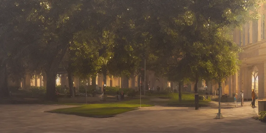 Prompt: university campus, cinematic lighting, detailed oil painting, hyperrealistic, 8k