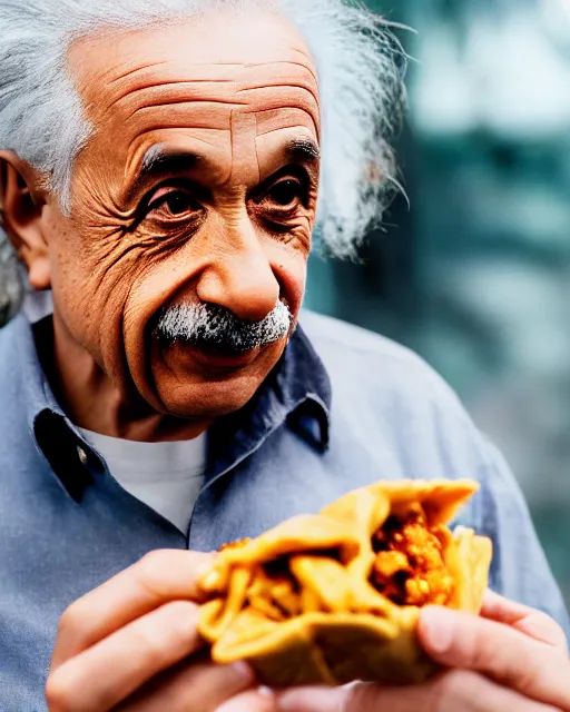 Image similar to A photo of Albert Einstein eating Samosa, highly detailed, trending on artstation, bokeh, 90mm, f/1.4