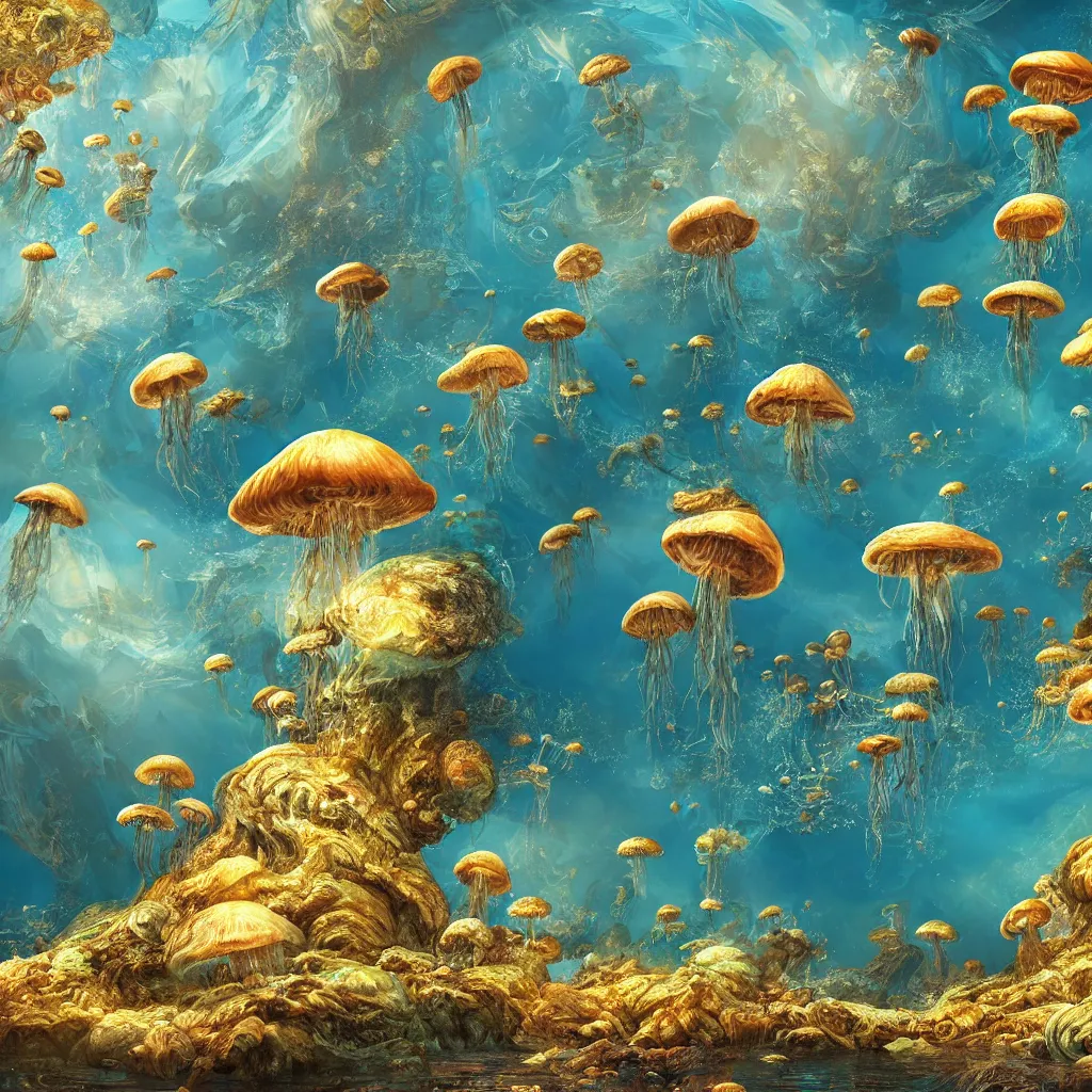 Prompt: mandelbulb gold rising from oceans, high detailed, island, jellyfish environment art, artstation, mushrooms, toad