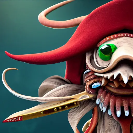 Prompt: harpy squid wearing a fez wielding a sword, realistic, very detailed, intricate, 8k res